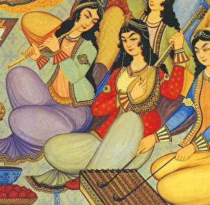 Wandmalerei: Persische Musikaufführung aus dem 17. Jahrhundert. (Mehdi Hosseini)