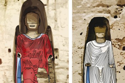 Bamiyan-Buddhas strahlten rot, weiß und blau