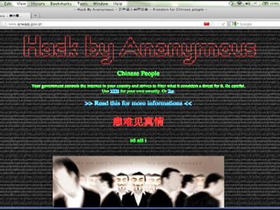Chinesische Hacker-Gruppe „Anonymous“ hackt Chinas Regierungswebsites.