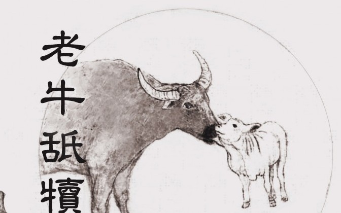 Eine alte Kuh leckt ihr Kalb (老牛舐犢)