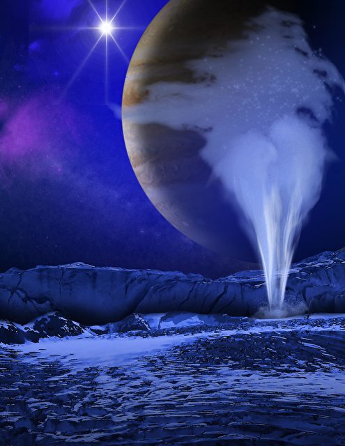 Neuesten Erkenntnissen nach werden Clorid-Salz-Blasen, die in Europa zur Oberfläche aufsteigen, mit Schwefel aus den Vulkanen des Mondes Io bombardiert. In dieser  Illustration sind Europa (Vordergrund), Jupiter (rechts) und Io (Mitte) dargestellt.