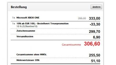 Xbox One Top Weihnachtsangebot für Preis von 307 Euro