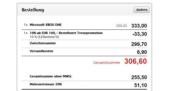Xbox One Top Weihnachtsangebot für Preis von 307 Euro