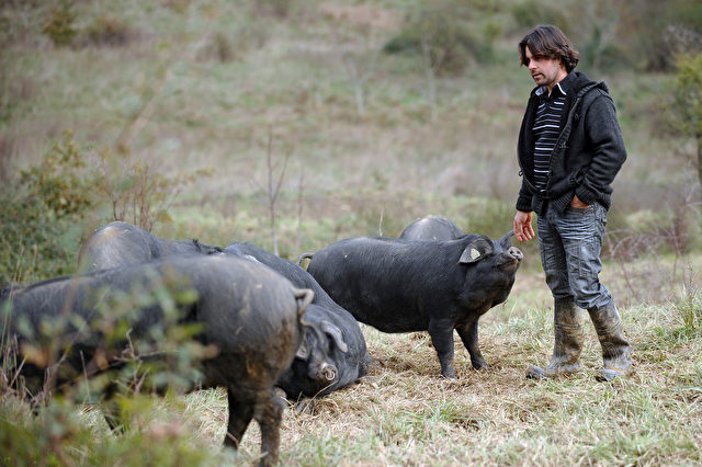 Christophe Masson GO neben seinen schwarzen Schweinen auf seinem Hof in Beaumarches, Südfrankreich. Foto REMY Gabalda / AFP / Getty Images