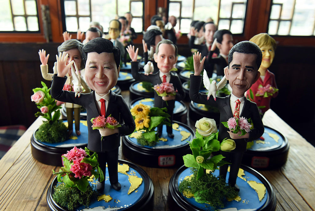 This photo taken on August 28, 2016 shows dough figurines of G20 Country Leaders made by folk craftsman Wu Xiaoli for welcoming the coming summit in Hangzhou, east China's Zhejiang province. The 11th G20 Leaders Summit will be held from September 4 to 5 in Hangzhou. / AFP / STR / China OUT (Photo credit should read STR/AFP/Getty Images)