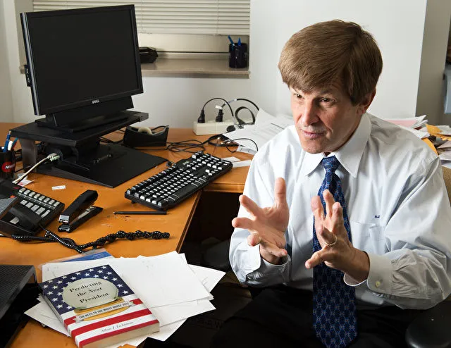 TO GO WITH AFP STORY BY MICHAEL MATHES Allan Lichtman, Distinguished Professor at American University and author of "Predicting The Next President, the Keys to the White House 2012" discusses his 13 keys to a successful election campaign on April 13, 2012 in his office at American University in Washington, DC. He has predicted every election correctly since Ronald Reagan’s 1984 re-election, and predicts US President Barack Obama is looking good for a 2012 win. Lichtman developed his 13 Keys (Party mandate, Contest, Incumbency, Third Party, Short term economy, Long-term economy, Policy change, Social unrest, Scandal, Foreign/military failure vs Foreign/military success, Incumbent charisma, and Challenger charisma) to a successful campaign in 1981 which indicate a trending winner and has consulted popular politicians, foreign goverments, and even the CIA. AFP Photo/Paul J. Richards (Photo credit should read PAUL J. RICHARDS/AFP/Getty Images)