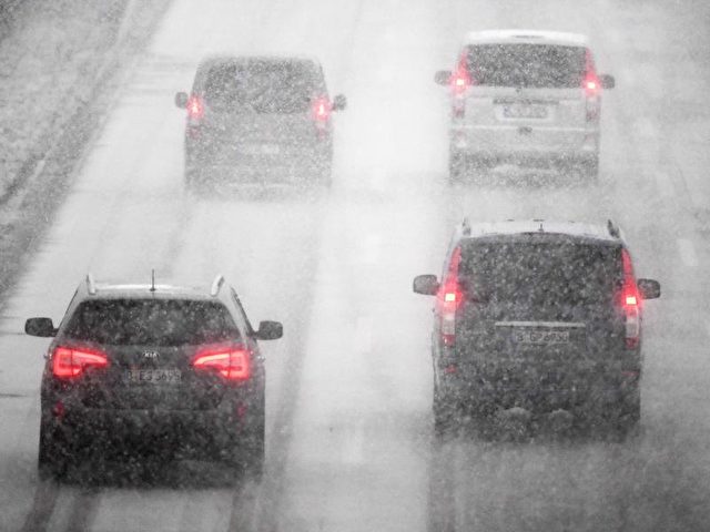 Gefährliches Wetter: Verkehr auf der A 115 nahe Potsdam bei dichtem Schneefall. Foto: Ralf Hirschberger/dpa