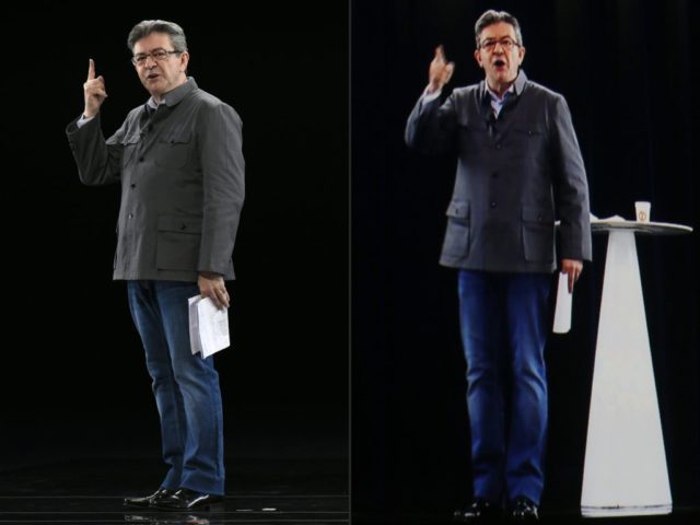 TOPSHOT - (COMBO) This combination of pictures created on February 05, 2017 shows French presidential election candidate for the far-left coalition La France insoumise Jean-Luc Melenchon (L) gesturing as he delivers a speech during his public meeting, in Chassieu near Lyon and his hologram (L) pictured during a meeting in La Plaine Saint Denis, northern Paris. Melenchon and his hologram appeared in Lyon and Paris at same time during a double live rally. / AFP / JEAN-PHILIPPE KSIAZEK AND THOMAS SAMSON (Photo credit should read JEAN-PHILIPPE KSIAZEK,THOMAS SAMSON/AFP/Getty Images)