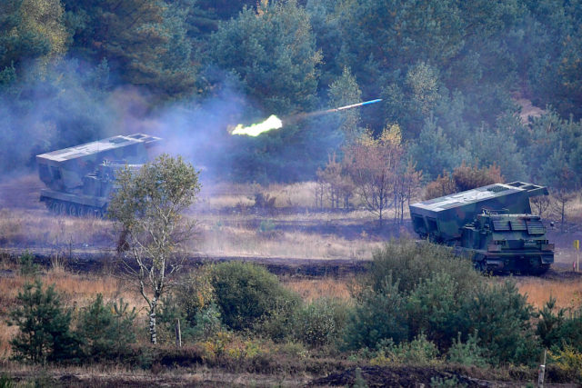 BERGEN, GERMANY - OCTOBER 14: The multiple Launch Rocket System Mars tank of the German Armed Forces participates in the "Land Operations" military exercises during a media day at the Bundeswehr training grounds on October 14, 2016 near Bergen, Germany. The exercises are taking place from October 4-14. Nations across Europe having been strengthening their joint military capabilities and cooperation in recent years as a response to growing Russian military assertion that has included intervention in Ukraine and military flights into European airspace as well as the recent stationing of Iskander nuclear-capable missiles in Kaliningrad. (Photo by Alexander Koerner/Getty Images)