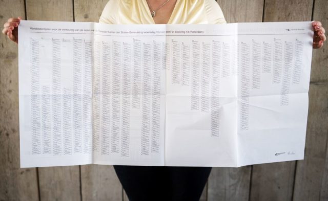 A woman presents an election ballot for Dutch general election on March 15, 2017 in Rotterdam. Millions of Dutch voters were going to the polls March 15 in key elections overshadowed by a blazing diplomatic row with Turkey, with all eyes on the fate of far-right MP Geert Wilders. Following last year's shock Brexit vote, and Donald Trump's victory in the US presidential polls, the Dutch general elections are seen as a litmus test of the strength of far-right and populist parties ahead of other ballots in Europe this year. / AFP PHOTO / ANP / Marco de Swart / Netherlands OUT (Photo credit should read MARCO DE SWART/AFP/Getty Images)