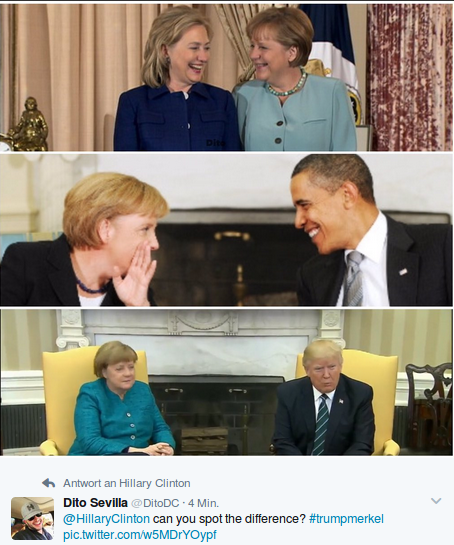  Dito Sevilla‏ @DitoDC 4 Min.vor 4 Minuten @HillaryClinton can you spot the difference? #trumpmerkel pic.twitter.com/w5MDrYOypf Foto: screenshot/twitter