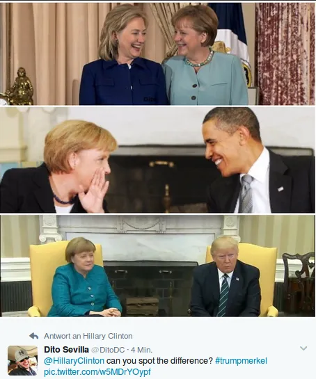Dito Sevilla @DitoDC 4 Min.vor 4 Minuten @HillaryClinton can you spot the difference? #trumpmerkel pic.twitter.com/w5MDrYOypf Foto: screenshot/twitter