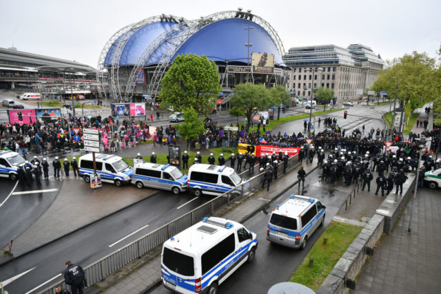 Protesters demonstrating against the right-wing populist Alternative for Germany (AfD) political party march in the city center not far from where the AfD was holding its federal congress on April 22, 2017 in Cologne, Germany. Up to 50,000 people were expected to participate in the protests against the AfD, which is holding its federal congress of delegates following the recent surprise announcement by its chairwoman Frauke Petry that she will not run in German federal elections scheduled for September. The AfD saw a surge in popularity that helped it capture seats in 10 state parliaments, though more recently that party has seen its poll numbers slip. It has also been plagued by infighting between more moderate and radical factions of its leadership.