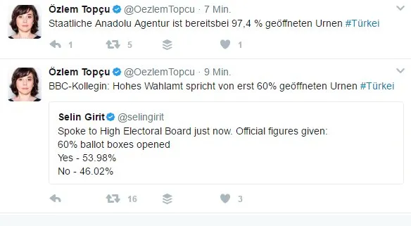 Referendum Türkei. Foto: Screenshot/Twitter https://twitter.com/hashtag/referendum?data_id=tweet%3A853655807807942656&amp;f=tweets&amp;vertical=default&amp;src=tren