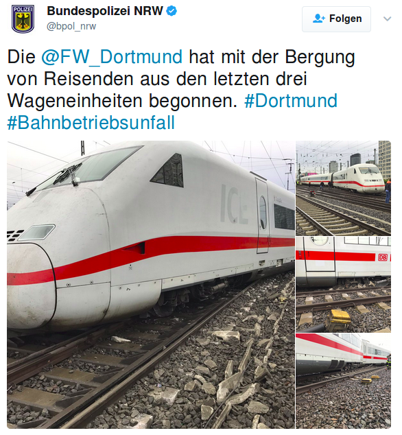zug entgleist bei Dortmund. Foto: screenshot/https://twitter.com/bpol_nrw/status/859093747166064644