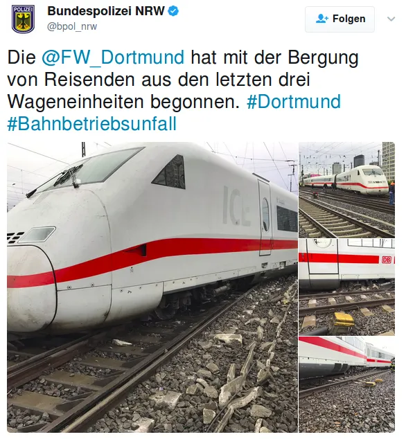 zug entgleist bei Dortmund. Foto: screenshot/https://twitter.com/bpol_nrw/status/859093747166064644