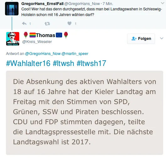 In SWH kann man im Alter von 16 Jahren wählen gehen. Foto: Screenshot/twitter