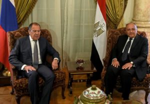 Russian Foreign Minister Sergey Lavrov (L) meets with his Egyptian counterpart Sameh Shoukry at Tahrir Palace in Cairo on May 29, 2017 / AFP PHOTO / MOHAMED EL-SHAHED (Photo credit should read MOHAMED EL-SHAHED/AFP/Getty Images)