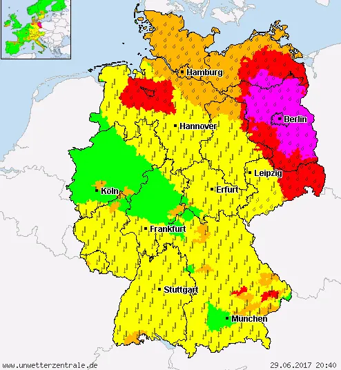 Wetterwarnung für Berlin und den östlichen Teil Deutschlands. 29. Juni 2017 Foto: Screenshot/unwetterzentrale.de