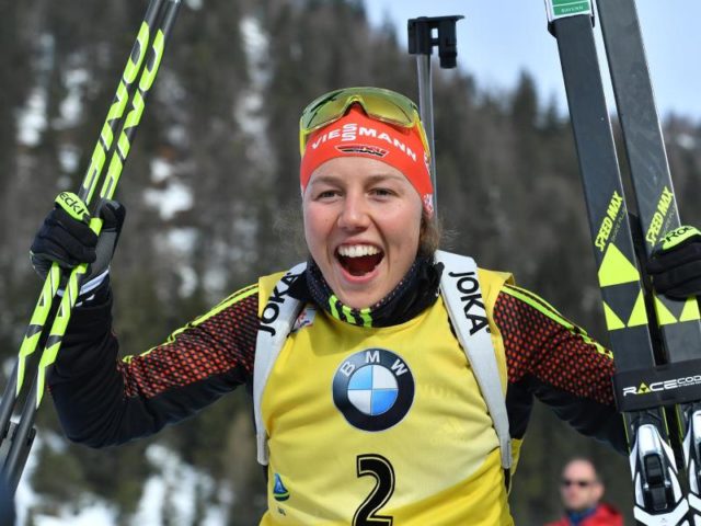 Laura Dahlmeier sichert sich ihren fünften Weltmeistertitel. Foto: Martin Schutt/dpa