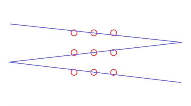 Wenn die Punkte nicht im Mittelpunkt berührt werden müssen - und das Blatt groß genug ist - reichen auch drei Linien.