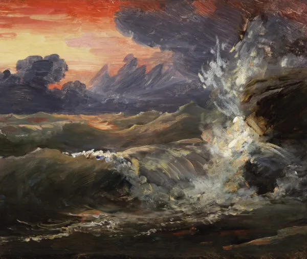 Naturgetreu gezeichnet „Eine Studie über Wellen, die bei Sonnenuntergang gegen Felsen schlagen&quot;, 1770-1837, von Baron François Gérard.