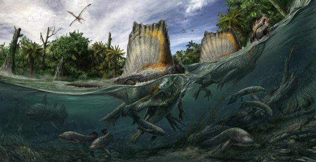 Spinosaurus auf der Jagd in kreidezeitlichen Gewässern der Sahara