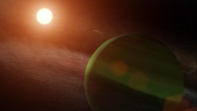 Künstlerische Darstellung des Planeten AU Mic b und seines jungen Roten Zwergsterns. Das System liegt etwa 32 Lichtjahre entfernt im südlichen Sternbild Mikroskop