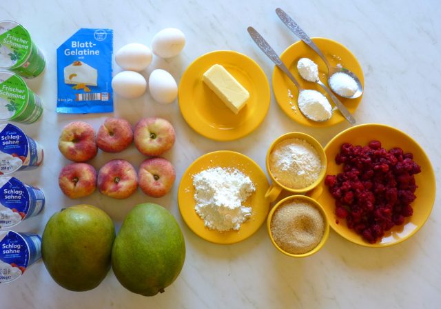 Zutaten Mango-Pfirsich-Himbeer-Torte