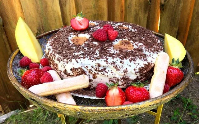 Fertige Mango-Pfirsich-Himbeer-Torte
