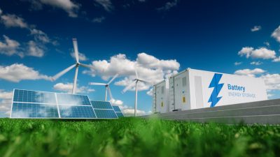 Energiespeicher. Erneuerbare Energien - Photovoltaik, Windkraftanlagen und Lithium-Ionen-Batterie-Container