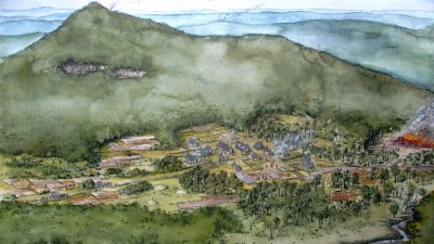 Bronzezeitliche Siedlung im Allgäu als Zeichnung