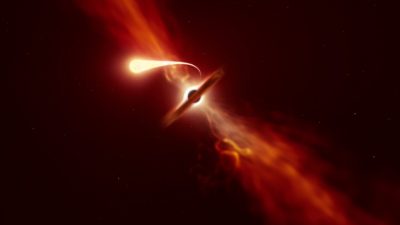 Spaghettisierung eines Sterns an einem Schwarzen Loch