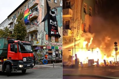 Brandstiftung? Feuer vor „Liebig 34“ – 50 Kubikmeter Müll und Unrat in Flammen
