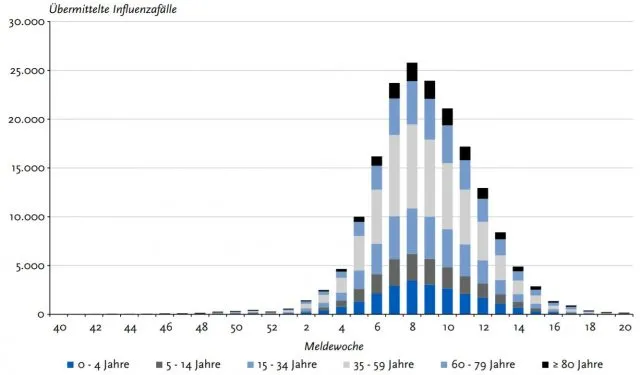 Zeitliche Verteilung der labordiagnostisch bestätigten Grippeinfektionen in der Grippesaison 2018/19. In der Spitzenwoche lag die &quot;Inzidenz Influenza-assozierter Arztbesuche&quot; bei 657 pro 100.000 Einwohner pro Woche.
