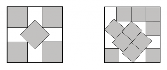 Links: Optimale Platzierung von fünf "quadratischen Weihnachtsplätzchen". Rechts: Die derzeit platzsparendste Anordnung von elf Einheitsquadraten in ein größeres Quadrat.
