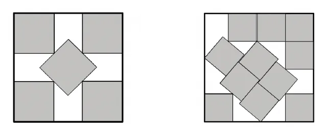Links: Optimale Platzierung von fünf &quot;quadratischen Weihnachtsplätzchen&quot;. Rechts: Die derzeit platzsparendste Anordnung von elf Einheitsquadraten in ein größeres Quadrat.