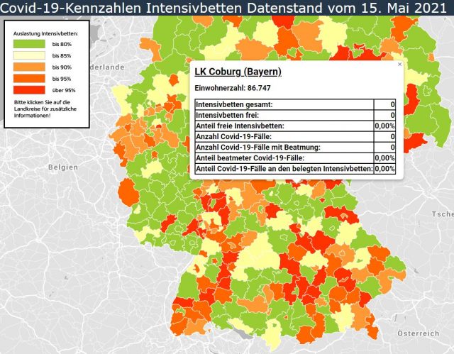 Auslastung der Intensivbetten nach Land- und Stadtkreisen: Beispiel LK Coburg.