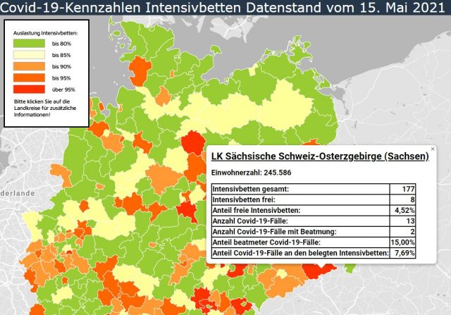 Auslastung der Intensivbetten nach Land- und Stadtkreisen: Beispiel LK Sächsische Schweiz Osterzgebirge.
