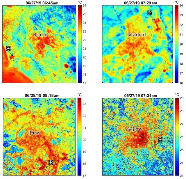 Wärmebilder großer europäischer Städte in den frühen Morgenstunden Ende Juni 2019. Foto: NASA/JPL-Caltech