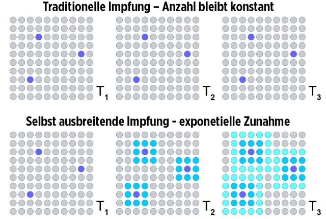 Schematischer Vergleich traditioneller (Einzel-)Impfungen (oben) und sich selbst ausbreitender Impfungen (unten).