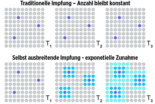 Schematischer Vergleich traditioneller (Einzel-)Impfungen (oben) und sich selbst ausbreitender Impfungen (unten).