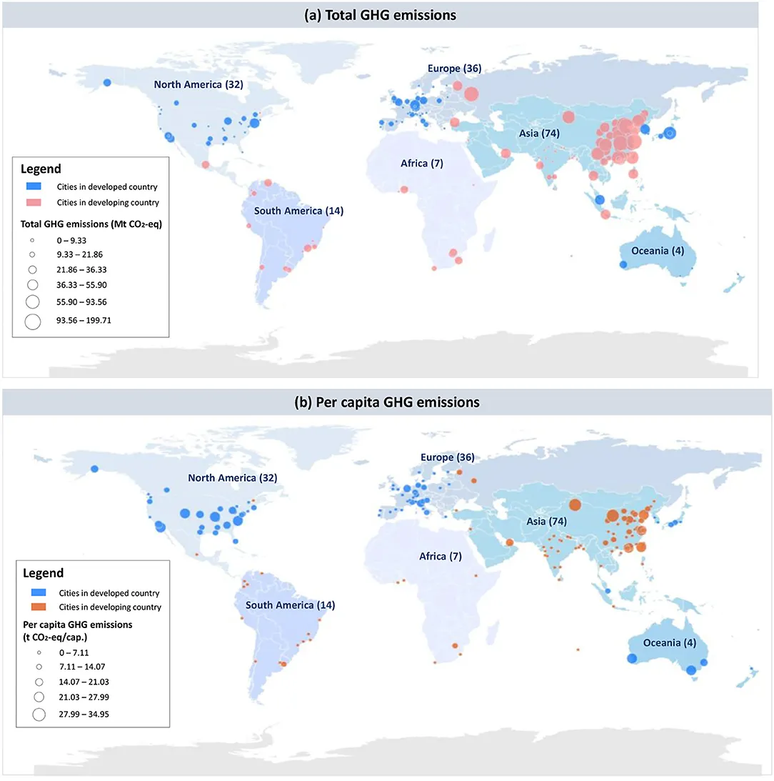 Gesamt- und Pro-Kopf-Emissionen der 167 untersuchten Städte. Sowohl bei den Gesamtemissionen (oben) als auch bei den Emissionen pro Einwohner (unten) belegen chinesische Städte die ersten Plätze.