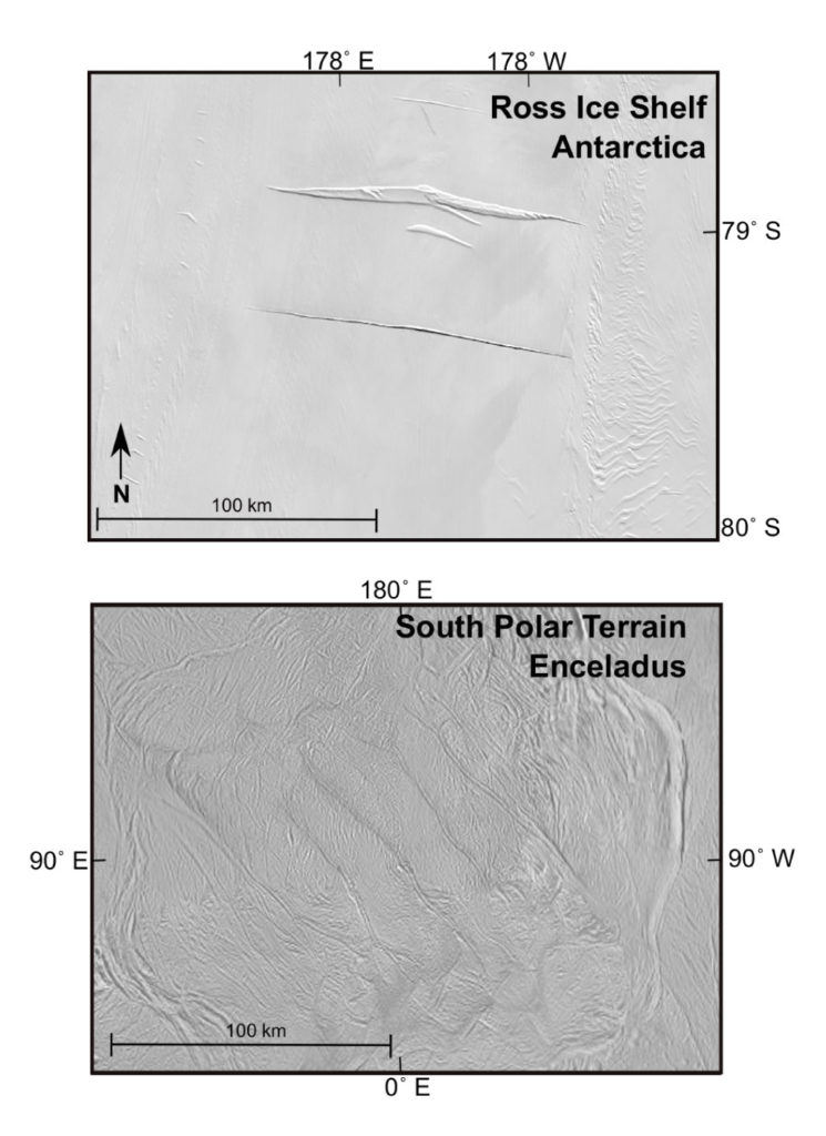 Das Satellitenbild des Forschungsgebiets auf dem Ross-Schelfeis in der Antarktis (oben) zeigt zwei Risse im Eis, die von steigenden und fallenden Gezeiten herrühren. Vier ähnlich große "Tigerstreifenbrüche" zerfurchen das Eis im Südpolargebiet von Enceladus