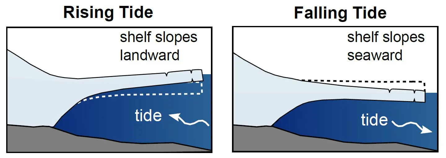 Shematische Zeichnung des Querschnitts eines schwimmenden Schelfeises. Mit dem Heben und Senken der Gezeiten entstehen Risse und Brüche. Eisbeben treten vor allem bei &quot;Ebbe&quot; auf, wenn sich die Risse auseinander ziehen