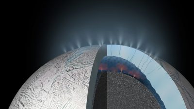 Schnittbild von Saturnmond Enceladus mit Geysiren