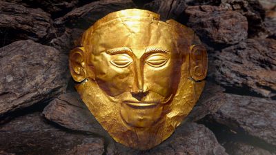 Die goldene Grabmaske des Agamemnon, lässt den Reichtum der mykenischen Kultur erahnen, der laut neuesten Forschungen auf fossilen Rohstoffen beruht.