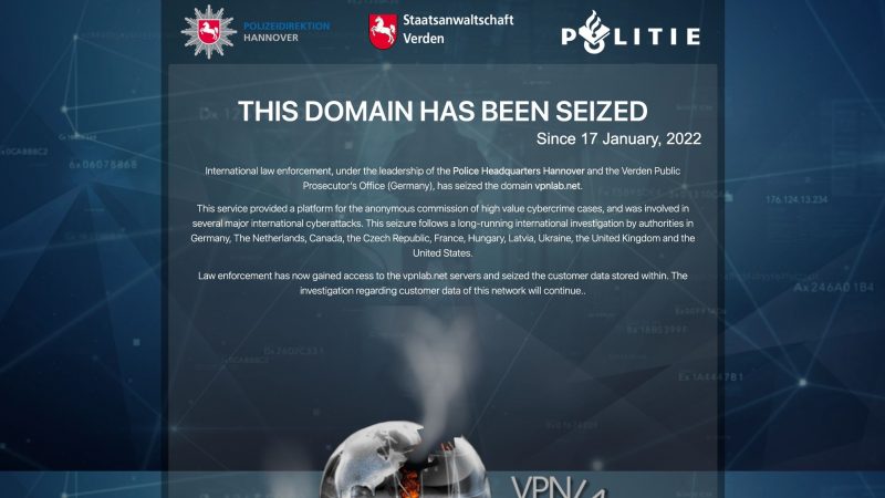 Das Handout des Niedersächsischen Justizministeriums zeigt die am 17.01.2022 beschlagnahmte Internetseite von VPNLab.net.