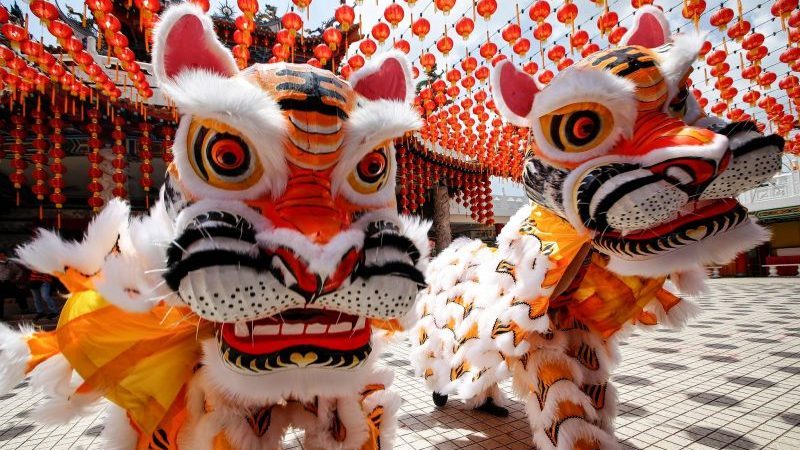 Menschen in Kostümen führen einen traditionellen Tigertanz in einem chinesischen Tempel in Kuala Lumpur auf. Während des Neujahrsfests am 1. Februar 2022 begrüßen die Chinesen das Jahr des Tigers.