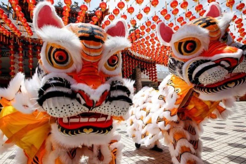 Menschen in Kostümen führen einen traditionellen Tigertanz in einem chinesischen Tempel in Kuala Lumpur auf. Während des Neujahrsfests am 1. Februar 2022 begrüßen die Chinesen das Jahr des Tigers.